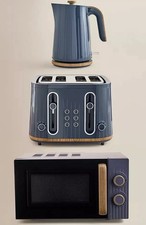 Navy Wood Textured Scandi Kettle Toaster  Microwave Set
