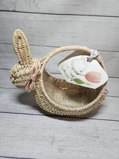 Vtg Bunny Rabbit F.T.D.A. 1989 Wicker Basket w/ Handle-Pink and Cream - w/ LINER