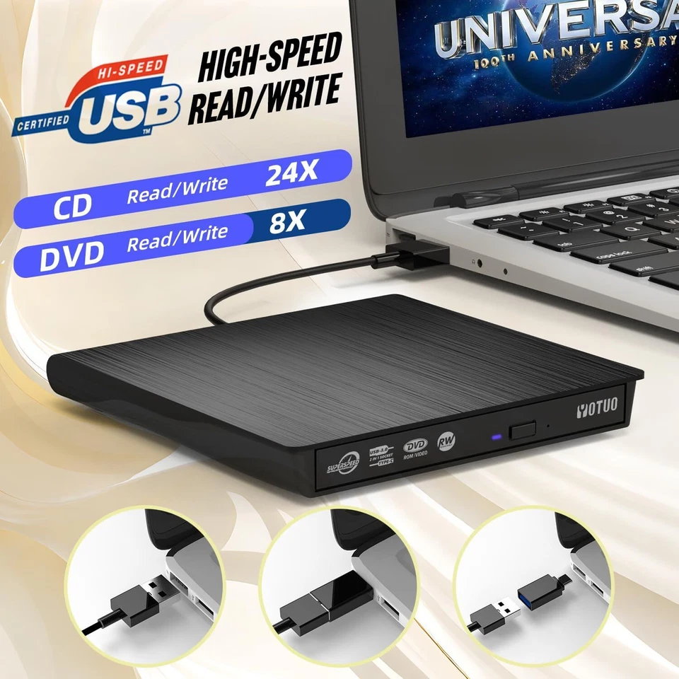 Unidad externa delgada de CD DVD RW USB 3.0 regrabadora grabadora reproductor negro para computadora portátil PC Foto 3 de 4