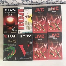 New & Sealed! Lot of 8 T-120 Blank VHS Tapes 6 Hour JVC, FUJI, TDK, SONY, RCA