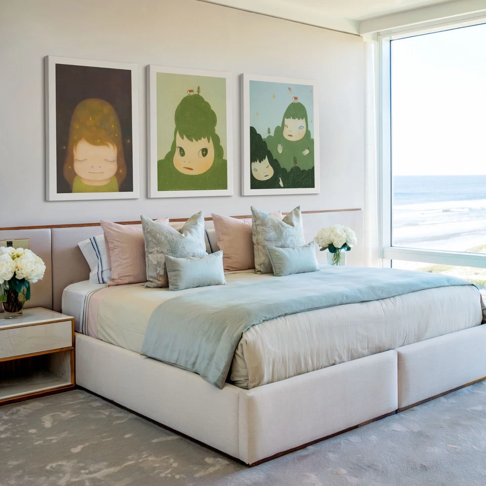 Juego de 3 lienzos firmados por Yoshitomo Nara/impresión artística/arte de pared japonés enmarcado Foto 2 de 4