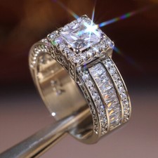 Luxury Women Wedding Ring 925 Silver Filled Ring Princess Cubic Zircon Sz 5-11