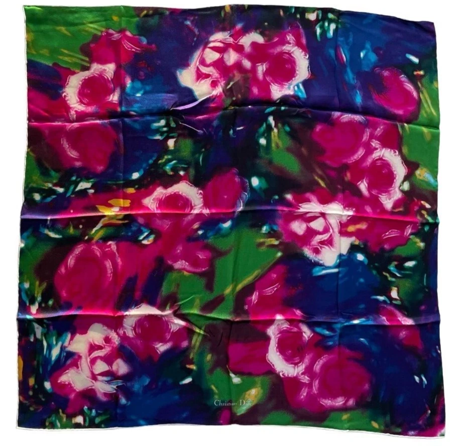 Foulard vintage Christian Dior fleurs hawaïennes rose bleu vert neuf sans étiquette