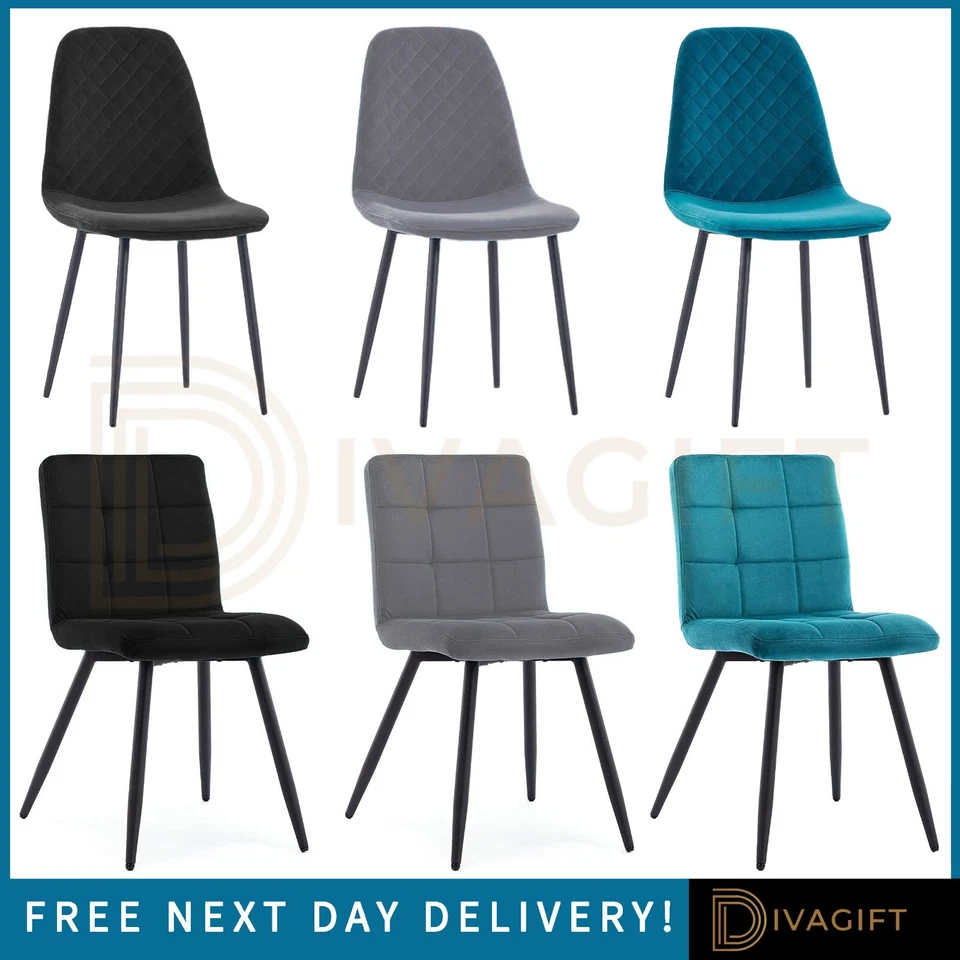 DIVA HOME VELVET DINING CHAIRS CUSHIONED FABRIC PADDED SEAT BLACK TEAL GREY CHAIR NEW x2
