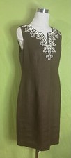 Talbots Women Size 8 Dress Brown 100% Linen Sheath Embroidered Sleeveless Dress