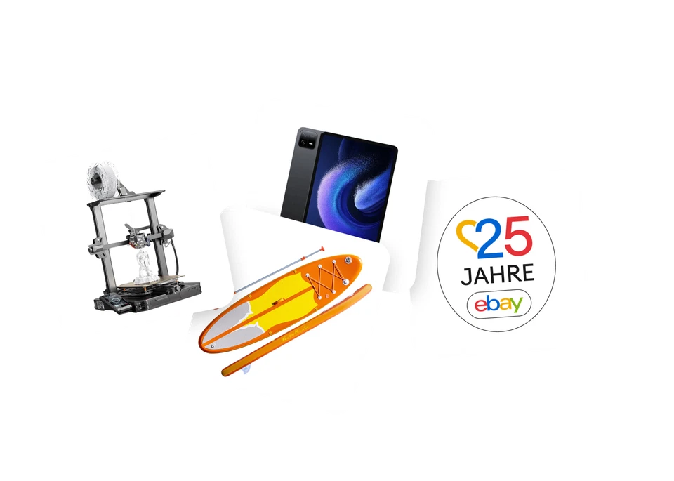 Ein 3D-Drucker, ein Stehpaddelbrett mit zugehöriger Stechpaddel, ein Tablet und das Logo zum 25-jährigen Geburtstag von eBay