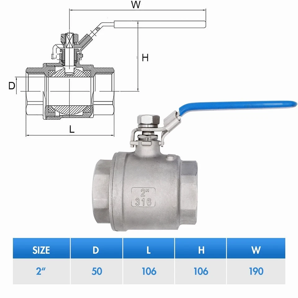 2P VAV 2" Ball Valve Full Port,316 Stainless Steel,1000 WOG for Water,Oil 2 Pack - Image 4 of 4