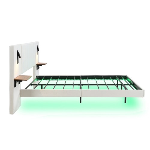 Panel Plush Velvet Upholstered Bed Frame Double With Headboard Built-In Lights - Picture 15 of 17