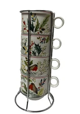 Grace Teaware Stackable Coffee Mug Set of 4 Metal Stand Red Robin Holly Branches