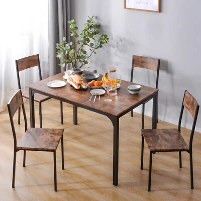 Modern Dining Table and 4 Chairs Set Metal Frame Kitchen Home Bar Grey/Brown