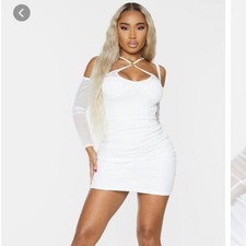White ruched bodycon dress with mesh sleeves