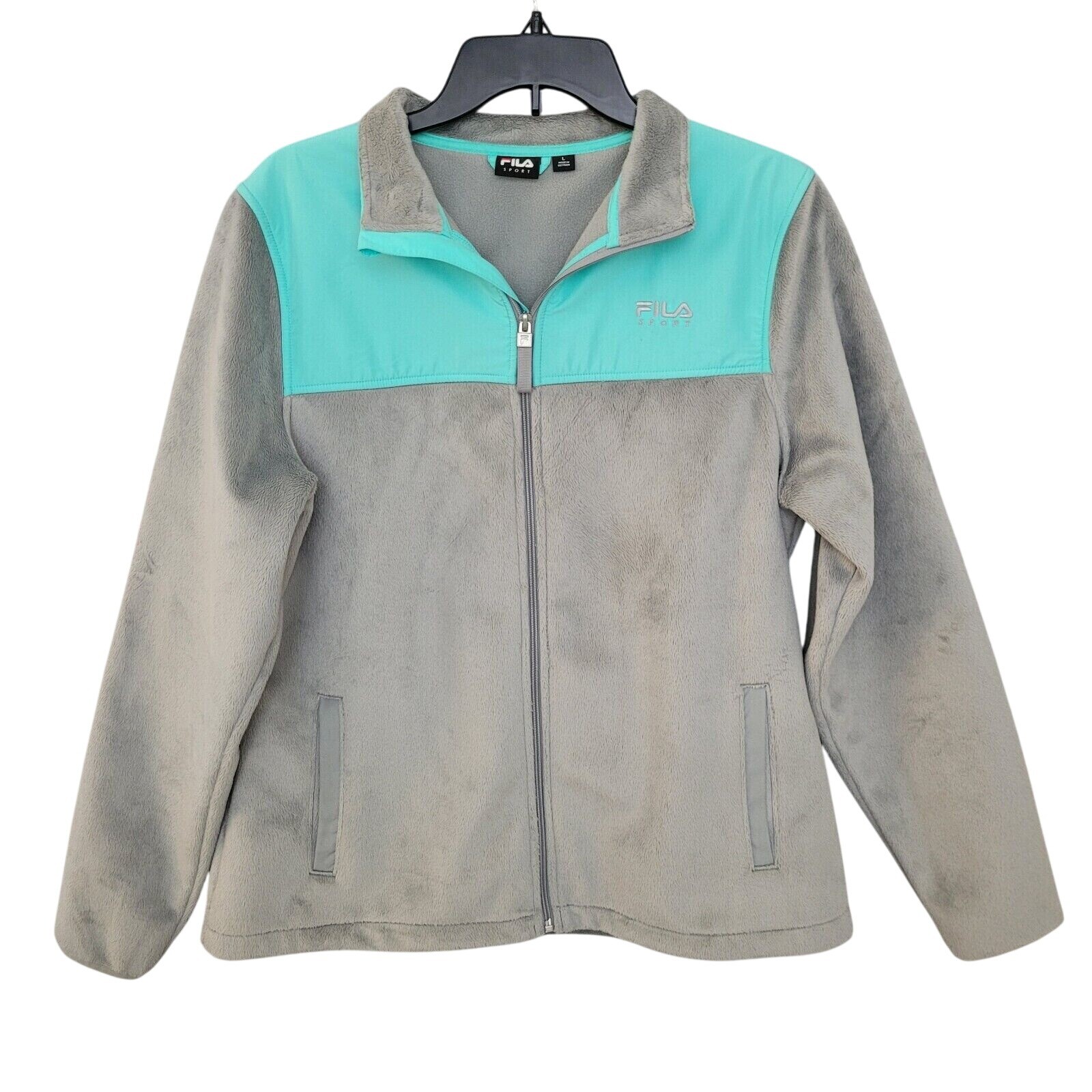 FILA Sport giacca pile morbido donna taglia L full zip grigio verde outdoor sportiva