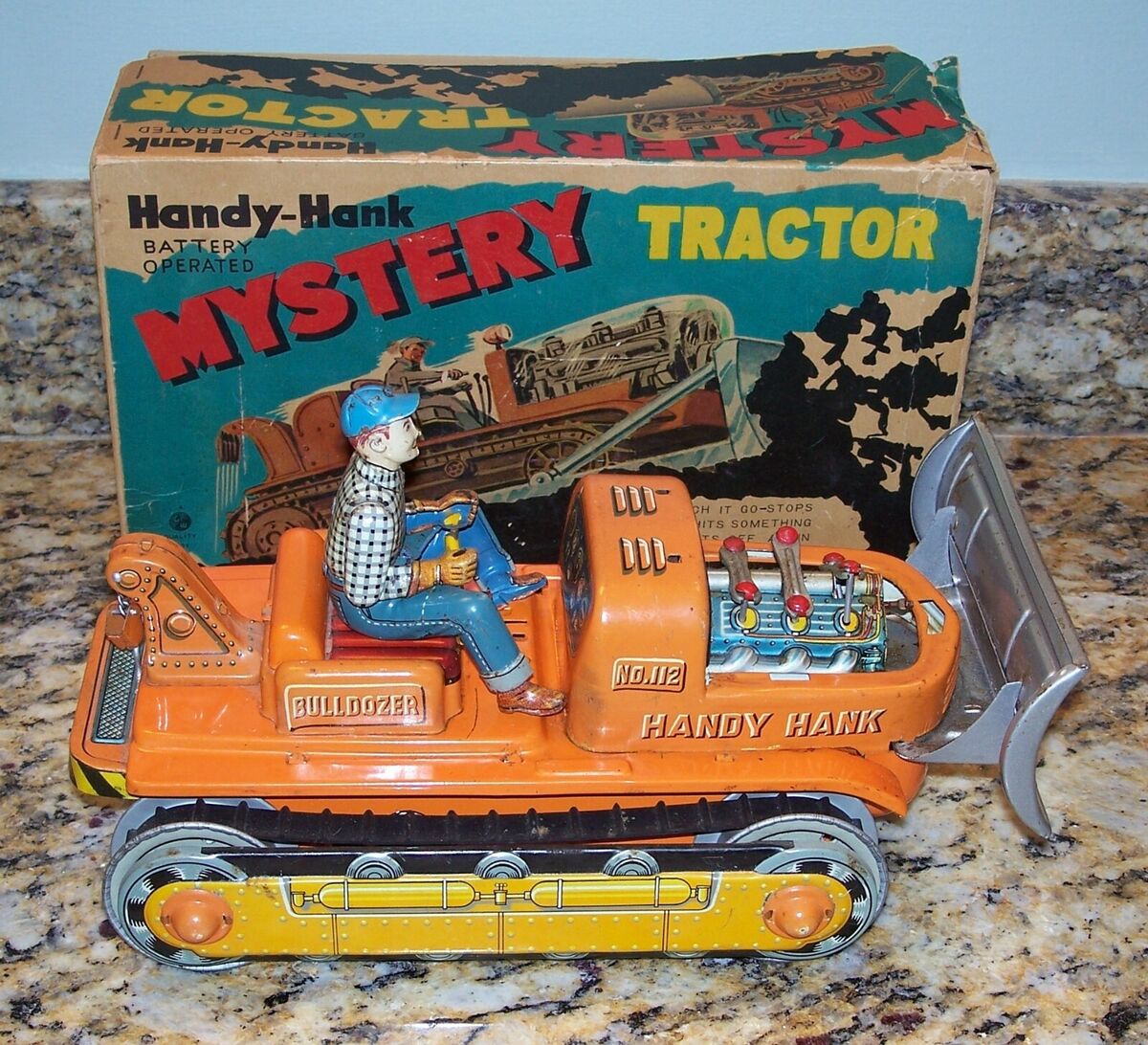 1950's Handy Hank Mystery Tractor Bulldozer #112 with Box 1950's Handy Hank Mystery Tractor Bulldozer #112 with Box