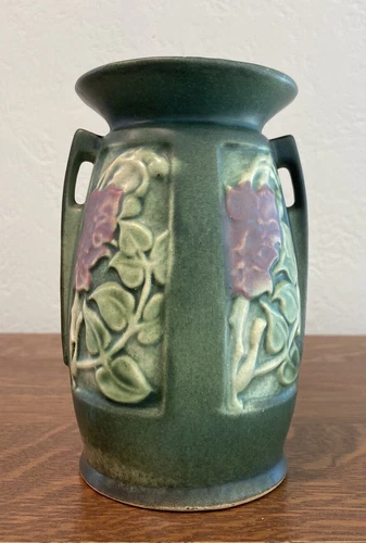Vintage Roseville Panel Floral Vase with Handles in Matt Green, 1926, 6"