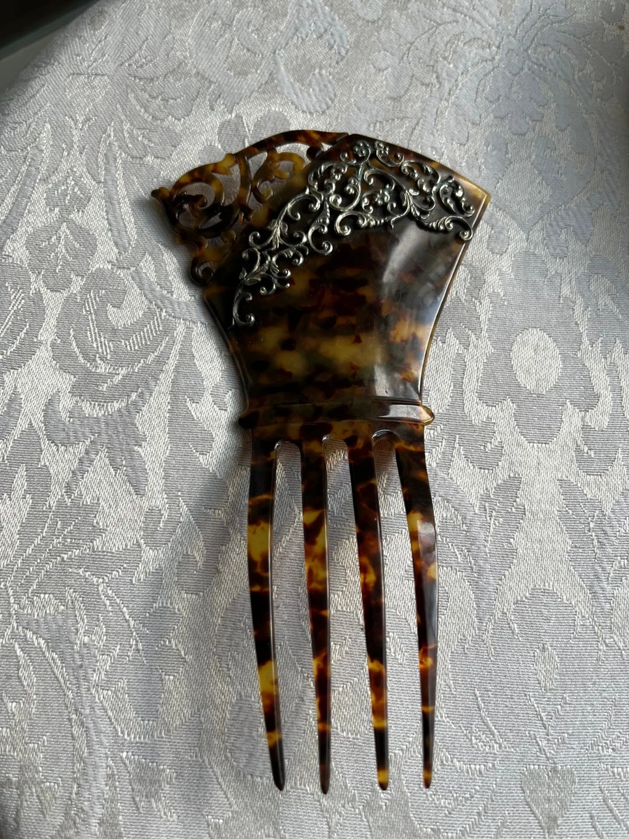 Sterling Silver Hair Comb faux tortoiseshell - decorative Sterling spine Antique Victorian Faux Tortoiseshell & Sterling Silver Hair  main image 4