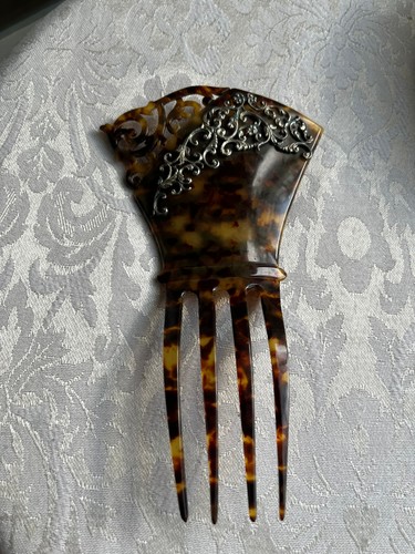 Victorian faux tortoiseshell hair comb sterling silver embellished hair ornament