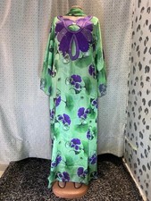 Women’s Green/Purple Floral Chiffon Maxi Dress Long Sleeve Crew Neck One Size