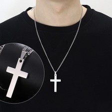 Men's Cross Pendant Necklace Silver Chain Stainless Steel Figaro Necklace