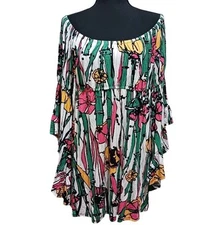 Vintage VOOM by Joy Han Bell Sleeve Off Shoulder Mini Dress L Bamboo Floral