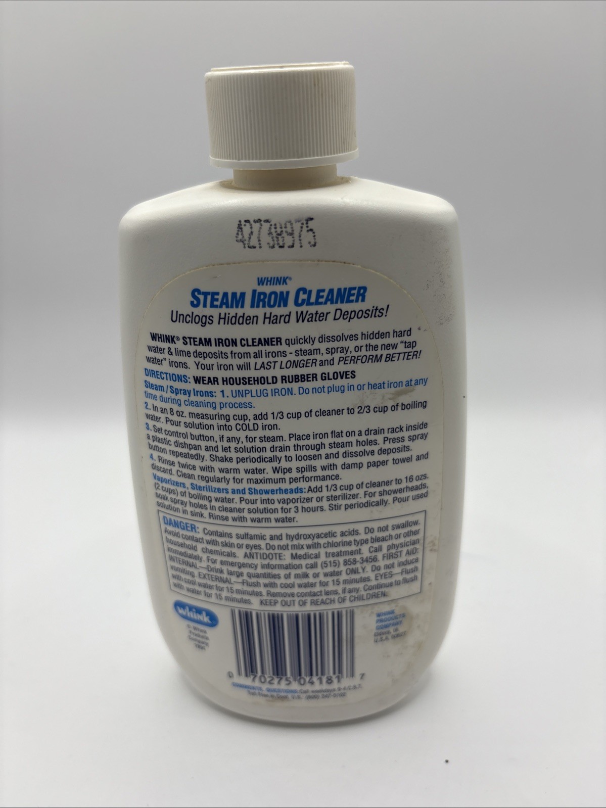 Whink Steam Iron Cleaner 10 oz Bottle Unclogs Hard Water Deposits NEW