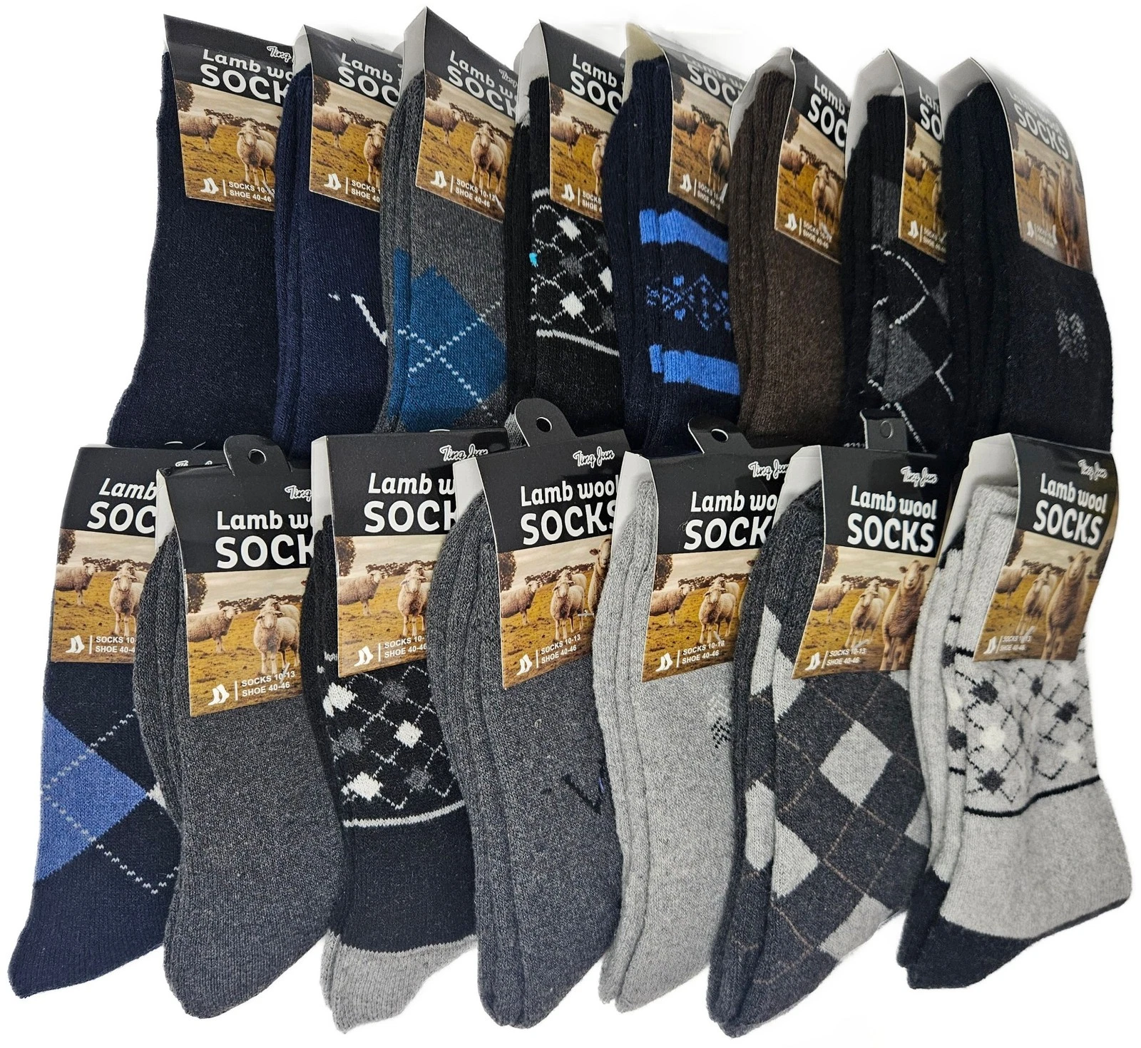 Men’s Lamb Wool Crew Socks Assorted Colors Prints Warm Winter Size 10-13 15 Pack