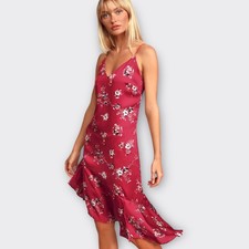 LULUs Slip Dress Bewitching Beauty Red Floral Satin Asymmetrical Y2K Chic Boho S