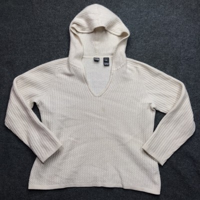 Y2K SAKS FIFTH AVE Cashmere Sweater Women M Ivory Hooded Cable Rope Knit Crop