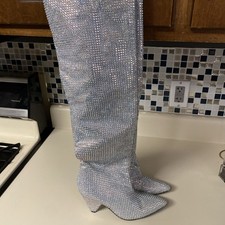 Rhinestone Over the Knee Thigh High Boots Silver Iridescent Studs Size 37