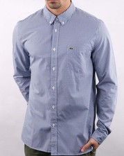 Lacoste Men's Gingham Poplin Long Sleeve Shirt with Pocket Blue Size Medium