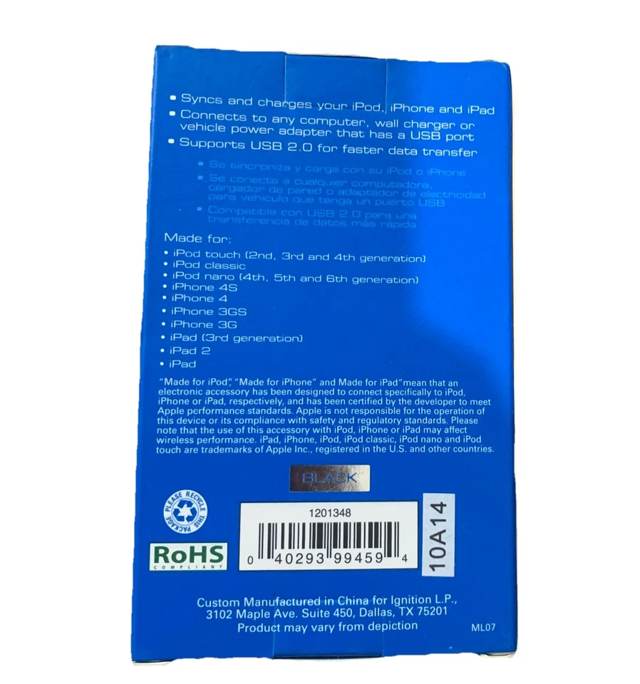 Auvio Sync/Charge Cable for Ipod, Iphone and Ipad "New OLD STOCK" BLACK - Image 2 of 2