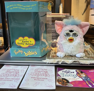 Furby Babies Tiger 1999 # 70-940 Pink Blue Gray Eyes Original Box TESTED Works