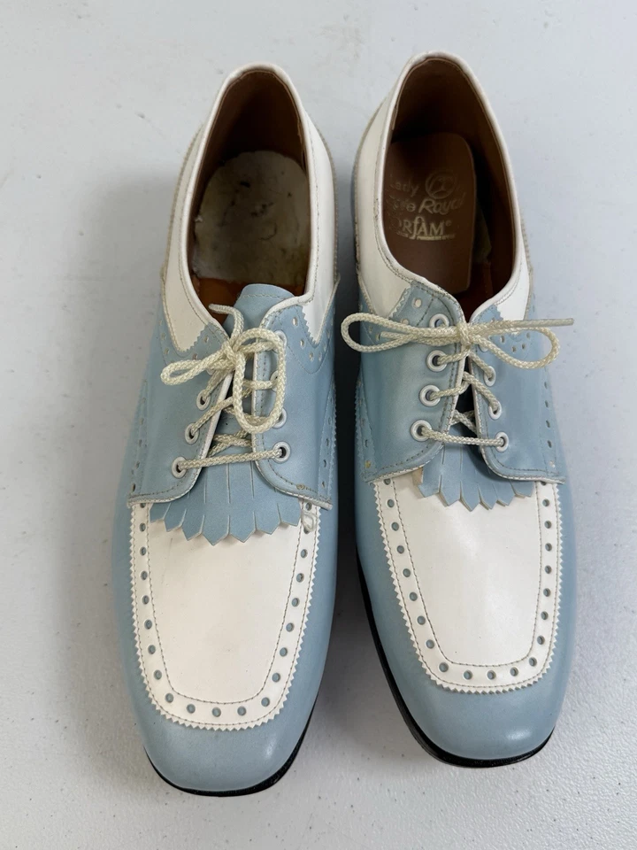 Vintage Golf Shoes Women Size 9 1/2 M Blue White Oxford Kiltie Spikes - Image 2 of 4