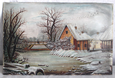 ANTIQUE FOLK ART OIL PAINTING VILLAGE BRIDGE RIVER SNOW WINTER LANDSCAPE PEOPLE