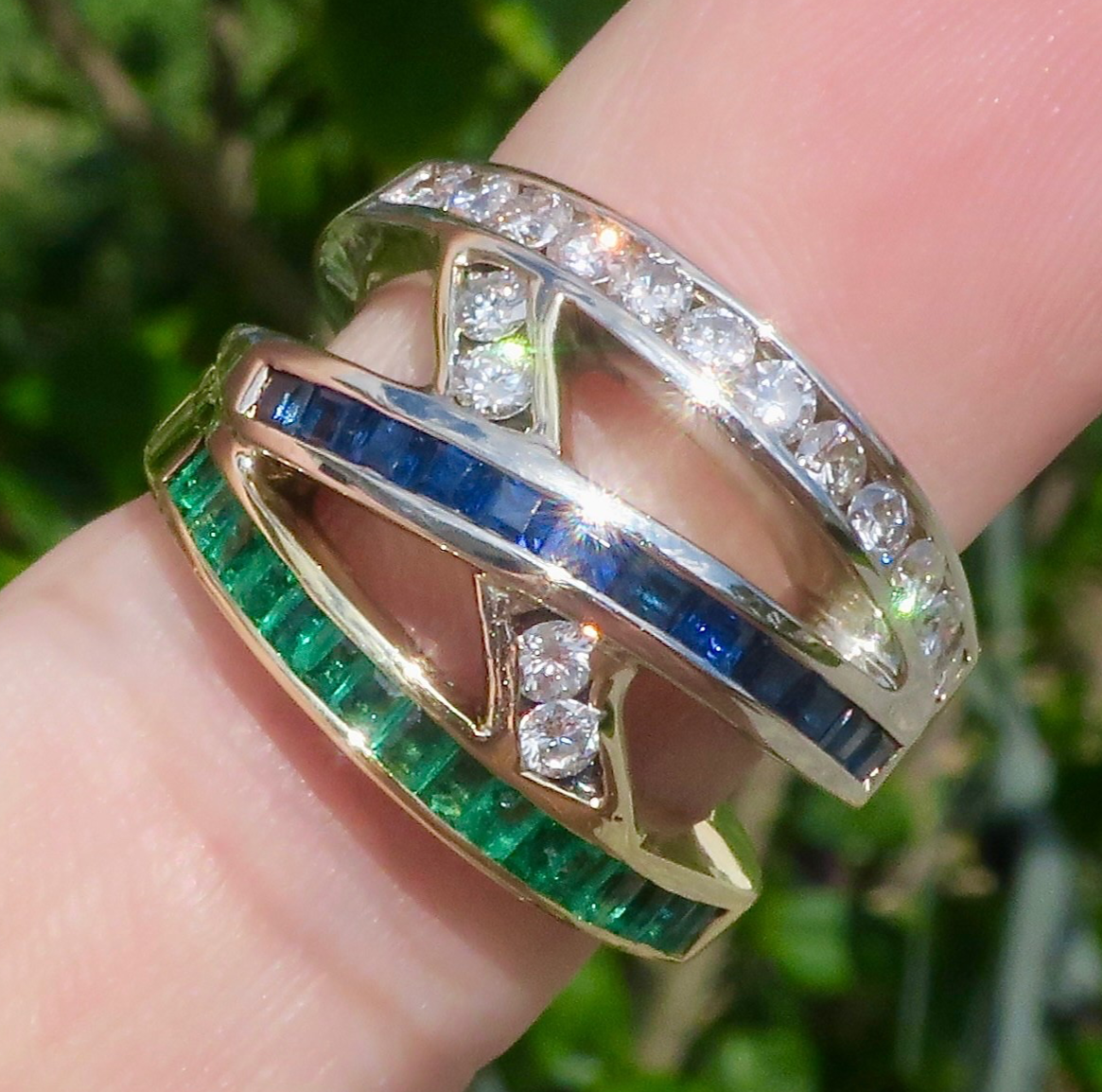 Fabulous 14k White and Yellow Gold Natural Blue Sapphire Emerald & Diamond Ring