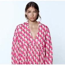 Zara Petal Pink And Black Lightweight Dress X Small 3/4 Sleeve Retro Boho Flowy