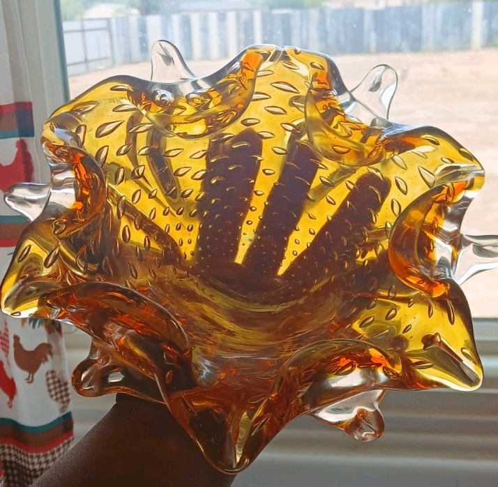 Vintage Amber  Murano Glass Star Bowl, Controlled Bubble, Ruffled Edge