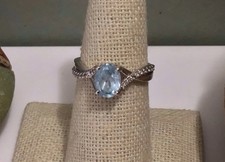 VTG Branded 925 Sterling Silver Oval Blue Topaz Ring w CZ Accents Sz 7 EUC