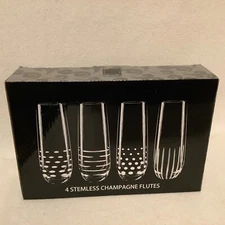 SET OF 4 MODERN VERO ETCHED STEMLESS CHAMPAGNE FLUTES NEW IN ORIGINAL BOX
