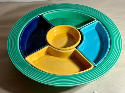Homer Laughlin Vintage Mulitcolor Fiesta 6 Piece Relish Tray Set (Green Base)