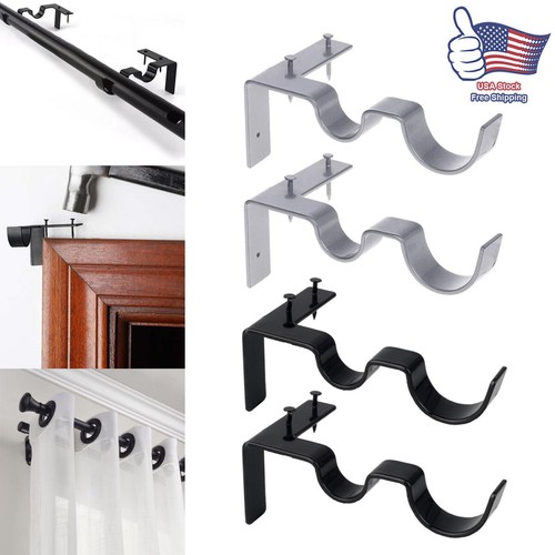 1 Set Hang Double Center Support Curtain Rod Bracket Into Window Frame