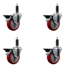 4 Inch Red Poly Swivel 1 Inch Expanding Stem Caster Set with Brake SCC