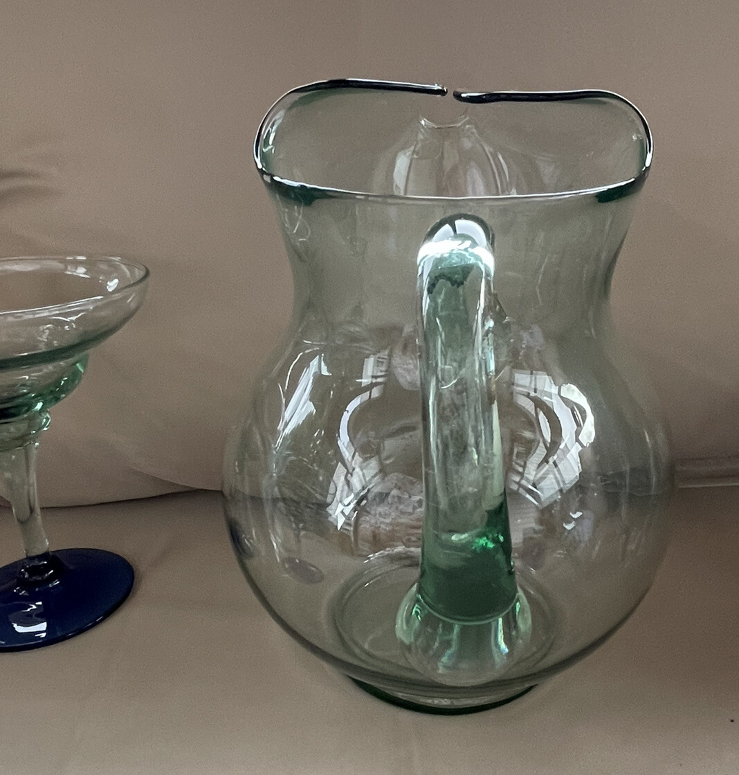 Hand Blown Mexican Pale Green Glass Margarita Pitcher & 4 Glasses Blue
