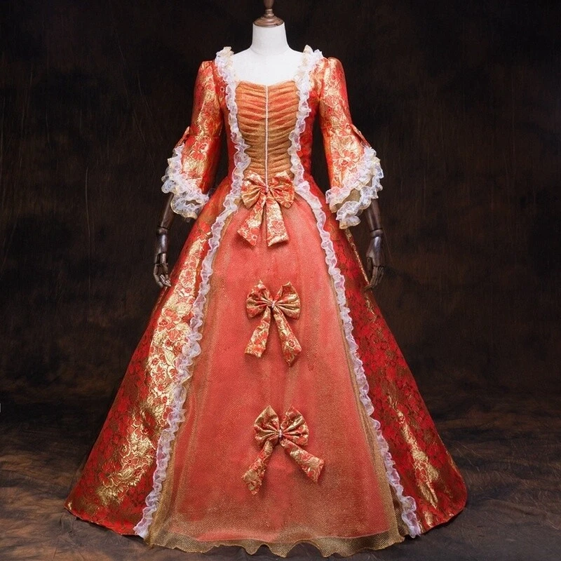 Damen Victorian Kleid Kostüm Mittelalter Ballkleid Gothic Vintage Rot Gold - Bild 2 von 4