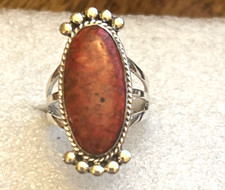 Natural Coral Elongated OBLONG Solitaire Ring size 8 in 925 Sterling Silver