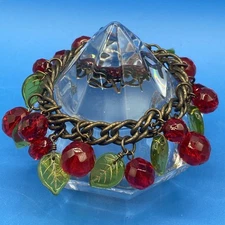 Sweet Romance vintage Charm BRACELET glass red cherries green leaves USA 7.5"