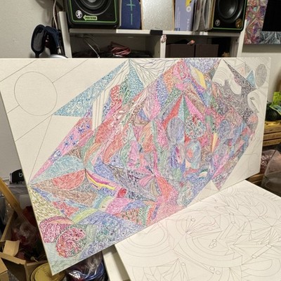 Original Handmade Abstract Colored Pencil Drawing on Paper, Large Art