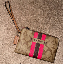 Coach Varsity Corner Zip small wristlet in khaki and pink ruby