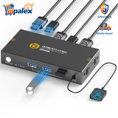 8K@60Hz HDMI KVM Switch 2 PC 1 Monitor USB 3.0 mit Fernbedienung EDID