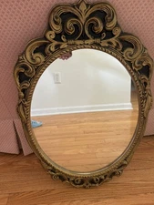 Beautiful antique engraved burwood oval frame mirror   28"X19"