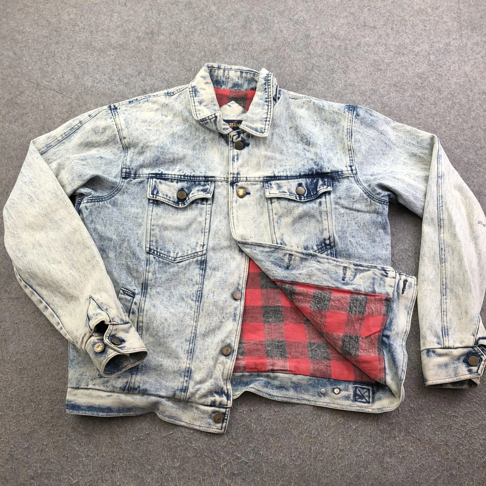 Vintage Lifetrends Jacket Mens XL Blue Denim Acid Wash Plaid Lined Bomber
